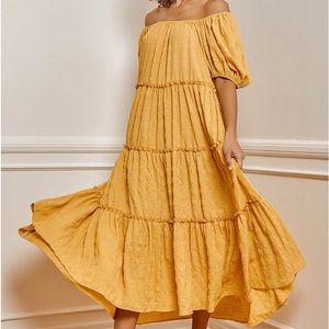 Lulu’s Bohemian Yellow Puff Sleeves Tiers Maxi Dress